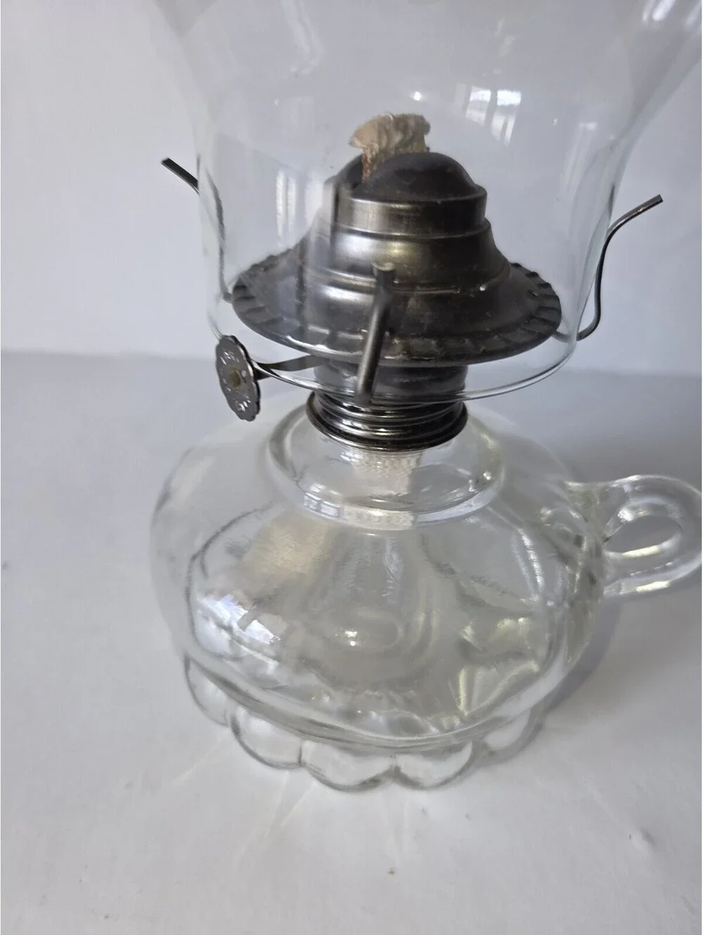 Vintage Lamplight Farms Clear Glass Oil Lamp W/Finger Loop & Scalloped Bottom